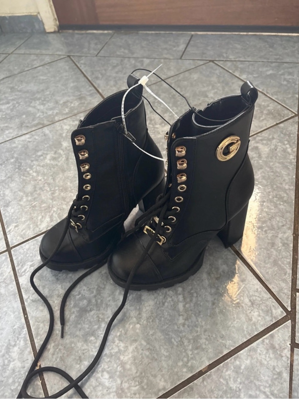 GBG Los Angeles Black Lace-Up Heeled Ankle Boots with Gold G Accent